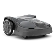 Side view of a Husqvarna robotic lawn mower with visible wheels and cutting deck.