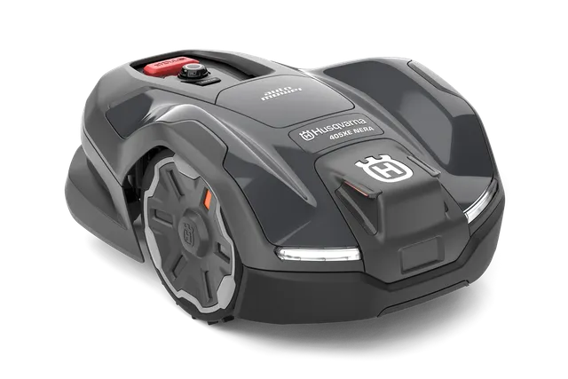 Side view of a Husqvarna robotic lawn mower.