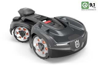 Vue latérale d’un robot tondeuse Husqvarna avec un indice de réparabilité de 9,1.