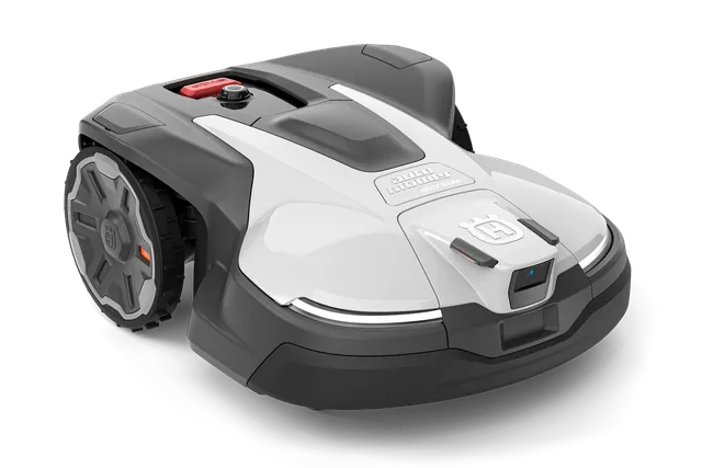 Front view of a robotic lawn mower.