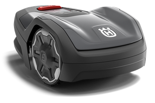 Zijaanzicht van een Husqvarna Automower® Aspire™ R4-robotmaaier met zichtbaar wielontwerp.