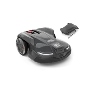 Front view of a Husqvarna Automower® 450X NERA with wire free technology and a plug-in extender visible nearby.