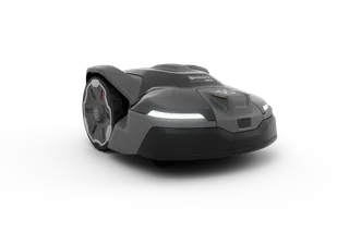 Side view of a robotic lawn mower with LED lights and large wheels.