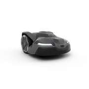 Side view of a robotic lawn mower with LED lights and large wheels.