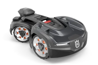 Vy från sidan av en robotgräsklippare från Husqvarna med tydlig hjuldesign.