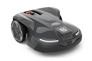 Front view of a Husqvarna robotic lawn mower with sleek design.