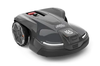 Front view of a Husqvarna robotic lawn mower with sleek design.