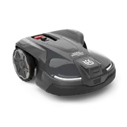 Front view of a Husqvarna robotic lawn mower with sleek design.