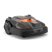 Side view of a Husqvarna robotic lawn mower designed for efficient garden maintenance.