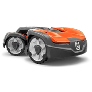 Side view of a Husqvarna robotic lawn mower with distinctive wheel design.
