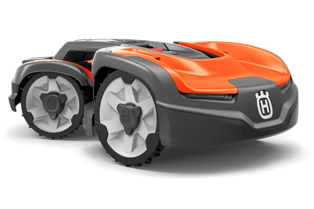Side view of a Husqvarna robotic lawn mower with distinctive wheel design.