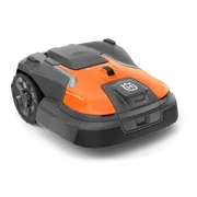 Front view of a robotic lawn mower designed for efficient garden maintenance.