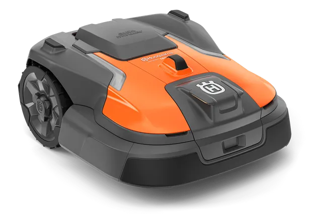 Front view of a robotic lawn mower designed for efficient garden maintenance.