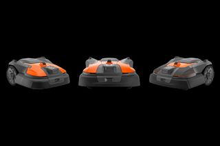 Front and side views of a robotic lawn mower, showcasing its design from multiple angles.