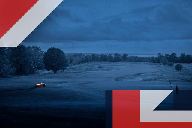 Robotikus fűnyíró, amely egy golfpályán működik, geometrikus rétegekkel.