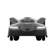 Front view of a Husqvarna robotic lawn mower with LED headlights.