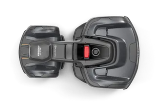 Top view of a Husqvarna robotic lawn mower, showcasing its sleek design and control panel.
