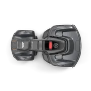 Top view of a Husqvarna robotic lawn mower, showcasing its sleek design and control panel.