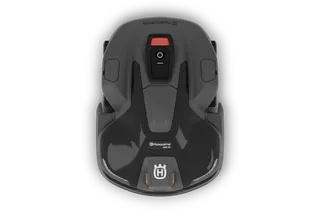 Vista superior de um robô corta-relva Husqvarna com painel de controlo.