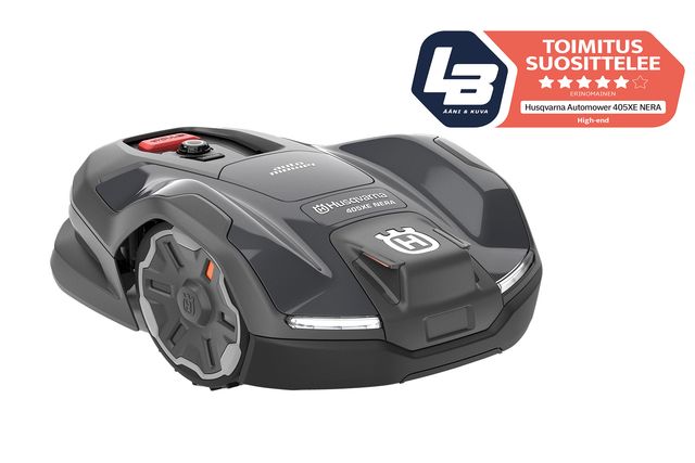 Front view of a Husqvarna Automower 405X NERA with a recommendation badge overlay.