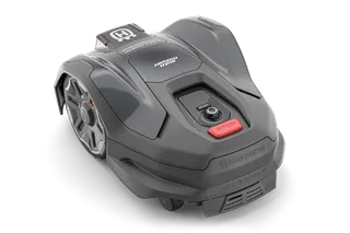 A Husqvarna robotfűnyíró oldalnézete látható vezérlőgombokkal.