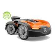 Studio front-side view of a Husqvarna robotic lawn mower with LED lights and AGZA AFTC badge.
