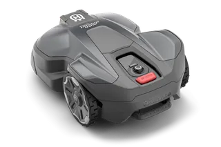 Side view of a Husqvarna robotic lawn mower with visible control buttons.