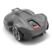 Side view of a Husqvarna robotic lawn mower with visible control buttons.