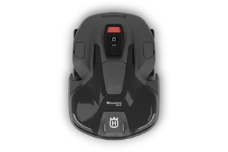 Vista superior de um robô corta-relva Husqvarna com painel de controlo.