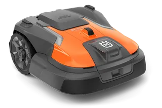 Front view of a robotic lawn mower with visible wheels and control panel.