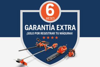 Imagen promocional que ofrece 6 meses de garantía adicionales por registrar herramientas de jardinería, como un cortasetos, un soplador de hojas, una motosierra y un cortasetos.