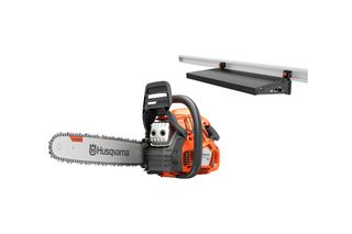 Side view of a Husqvarna chainsaw with guide bar beside a wall-mounted shelf on a rail.