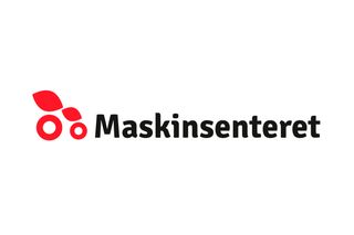 Logoen "Maskinsenteret" med et rødt abstrakt ikon med to sirkler og to bladlignende former.