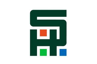 Abstrakt monogramlogo i mørke linjer med røde, grønne og blå firkanter.