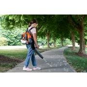 A person using a leaf blower to clear fallen leaves on a park pathway.