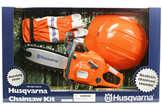 Husqvarna chainsaw kit for ages 3 and up, featuring a toy chainsaw, helmet, and gloves.