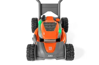 Front view of a Husqvarna AWD lawn mower showcasing its design and wheels.