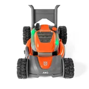 Front view of a Husqvarna AWD lawn mower showcasing its design and wheels.