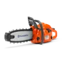 Side view of a Husqvarna chainsaw with visible branding and chain details.