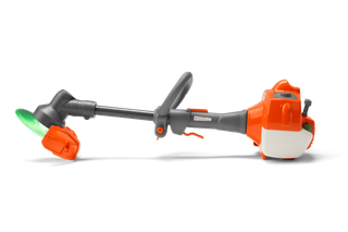 Widok z boku podkaszarki żyłkowej z osłoną ochronną i ergonomicznym uchwytem.