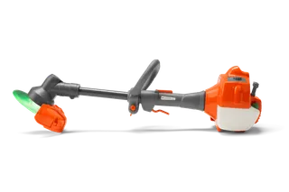 Side view of a string trimmer with a protective guard and ergonomic handle.