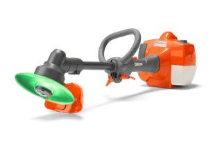 Side view of a Husqvarna construction tool with a handle and disc attachment.