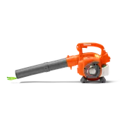 Side view of a Husqvarna leaf blower with visible engine and nozzle.