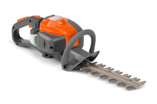Side view of a hedge trimmer with dual-action blades and ergonomic handle.