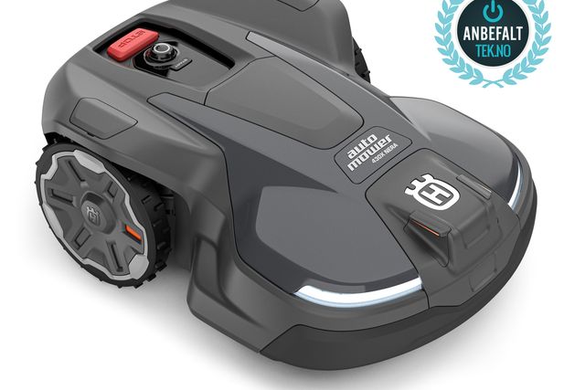 Husqvarnas robotgressklipper med LED-lys og et anbefalingsmerke.