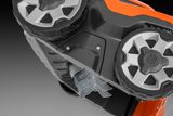 Underside view of a robotic lawn mower showing its blades and wheels.