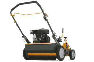 Side view of a lawn mower with visible engine and handlebar.