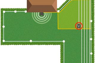 Illustration of a robotic lawn mower operating within a defined boundary in a garden.