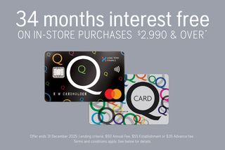 Promotional image offering 34 months interest-free on in-store purchases over $2,990, featuring two credit cards.