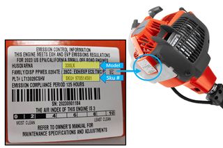 Close-up of a product label showing emission control information and SKU number on a Husqvarna engine.